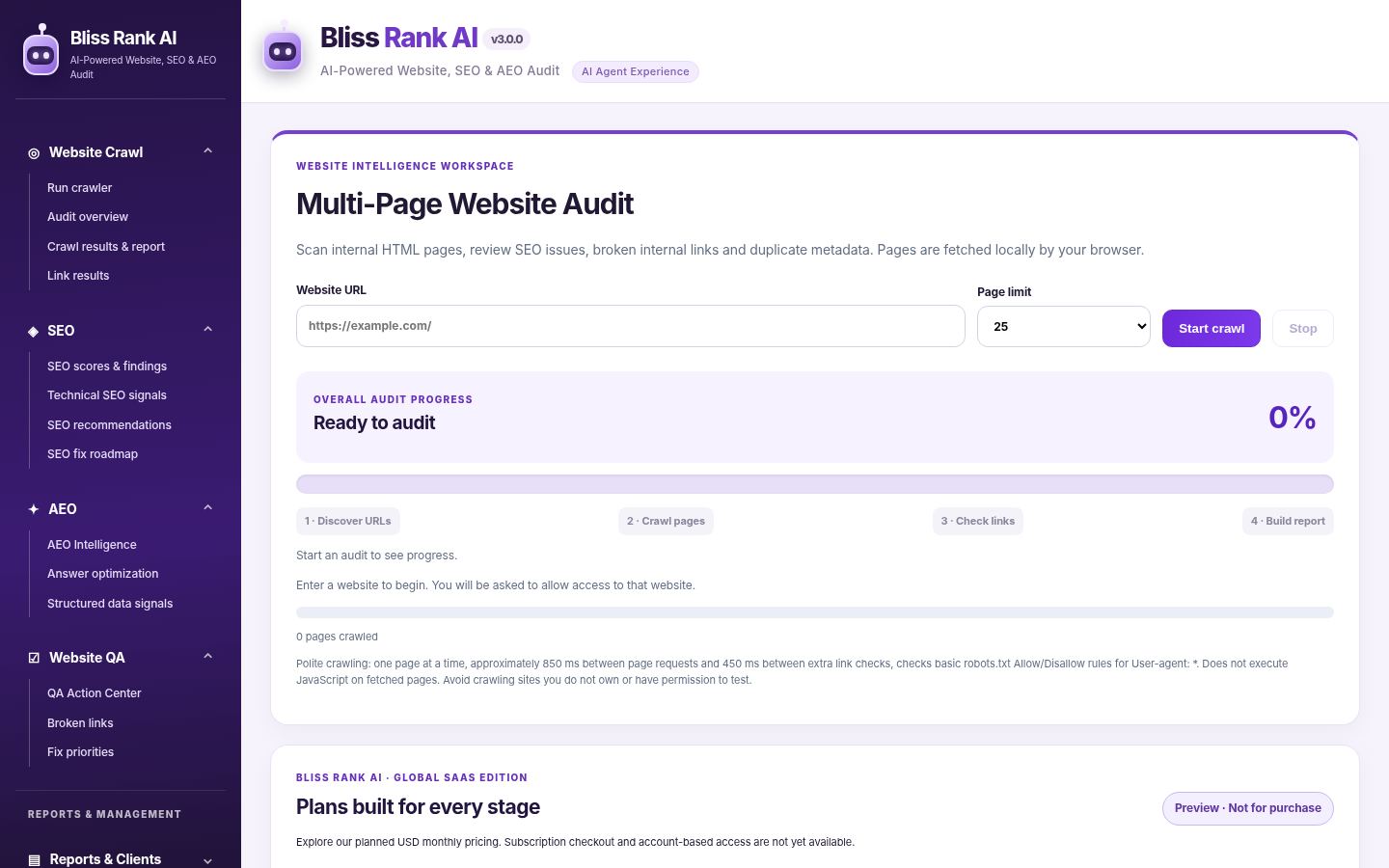 Actual Bliss Rank AI v3.0.0 extension interface showing the website crawler before an audit